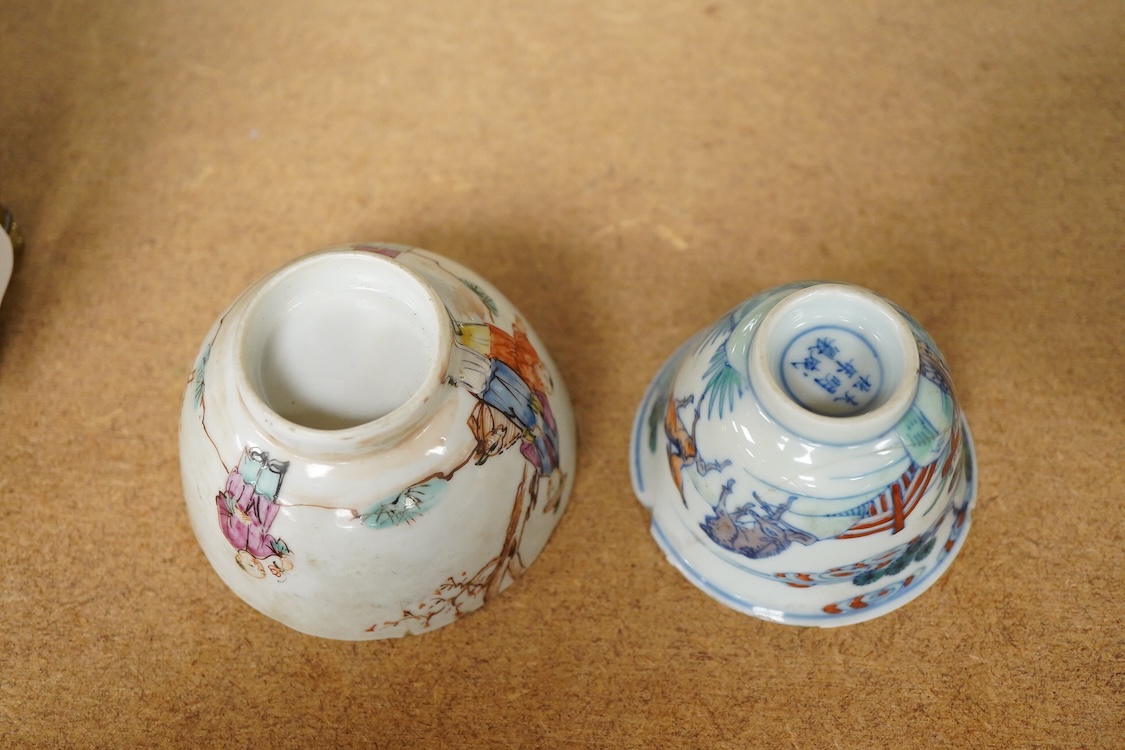 Two Chinese teacups, one Doucai with Chenghua mark, the other famille rose, tallest 4.5cm